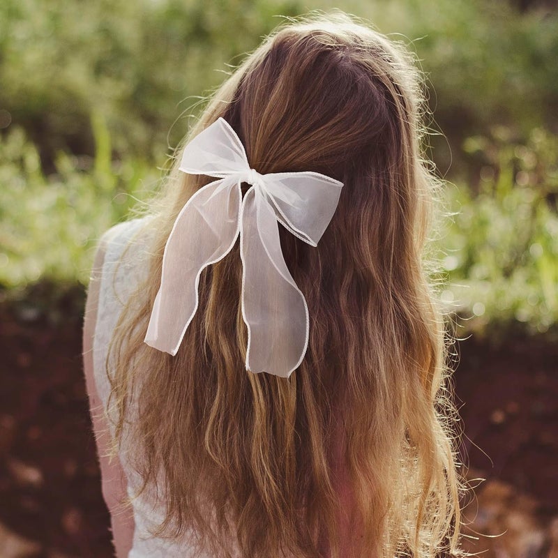 STSTR 2Pcs Large Hair Bow Clips, White Silk Yarn Ribbon Bow Hair Barrette for Women, Elegant Long Tail Bowknot French Hair Accessories for Wedding, Parties, Festivals - Style 4 - Image 5